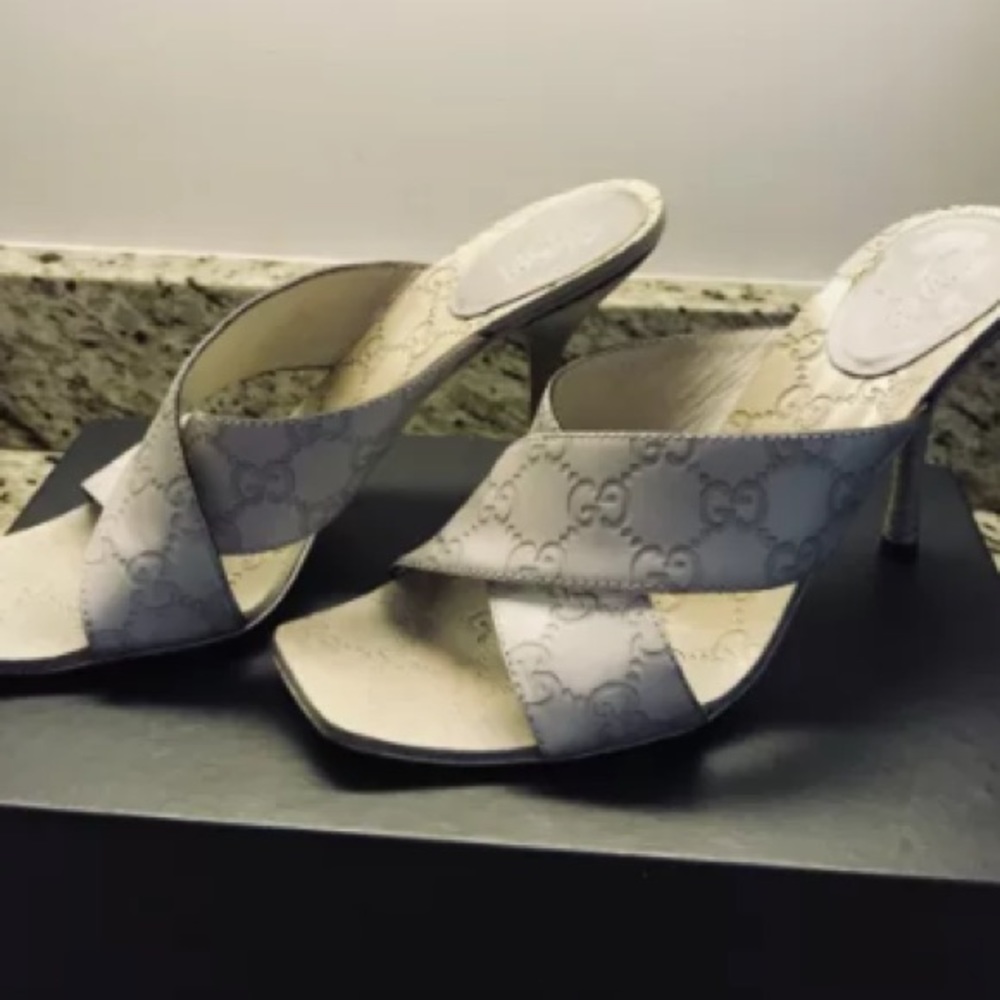 Gucci Cream Monogrammed Leather Heels